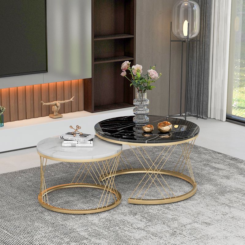 Moderne Nesting Couchtisch, Couchtisch Satz Marmor Furnier Sofa Seite Nest Von Tischen Runde Endtische, Satz Von 2, Goldene Farbe Frame_voghion.com