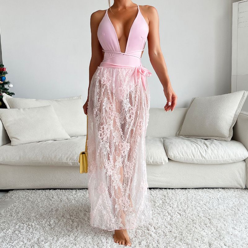 Costume da bagno intero sexy con scollo a V profondo e lacci sulla schiena - Bikini elegante e lusinghiero per la spiaggia_voghion.com