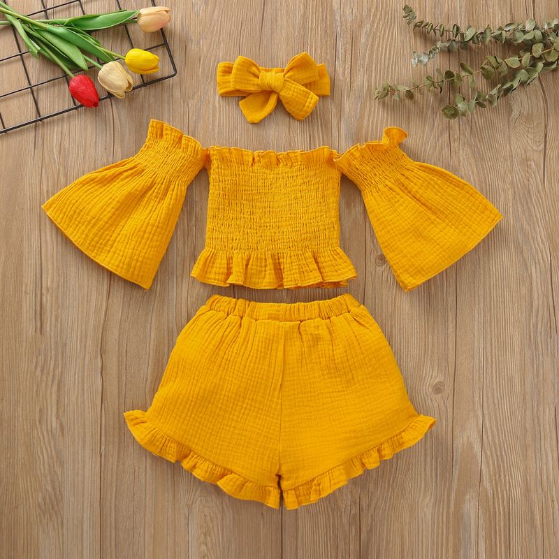 mother & kids new girls suit summer small and medium children solid color pleated off-shoulder tube top hair accessories 3-piece suit_voghion.com