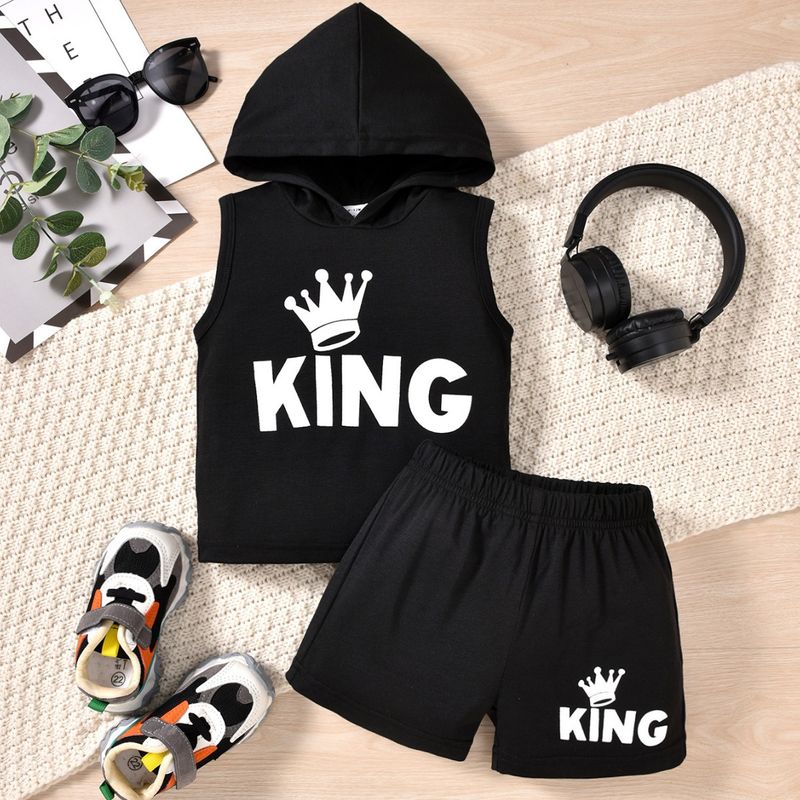 Kinderkleidung Baby neuer Anzug mit Kapuze, KING-Buchstabendruck, ärmelloses Oberteil mit Kapuze, bequemer Shorts-Anzug_voghion.com