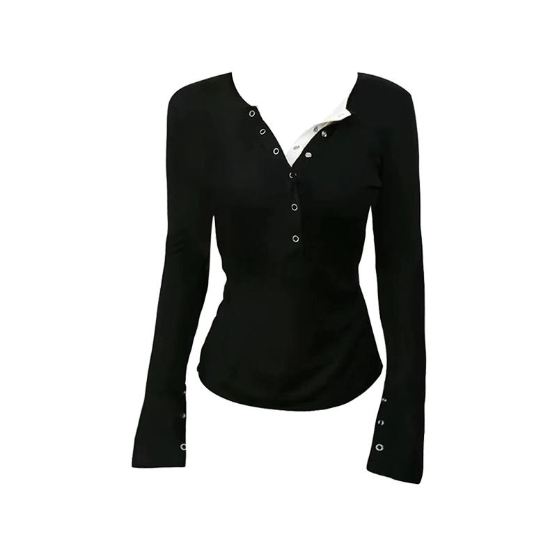 Ragazza T-shirt a maniche lunghe con scollo a V alla moda per donna Primavera 2025 Nuova maglietta nera slim fit con base interna e esterno_voghion.com