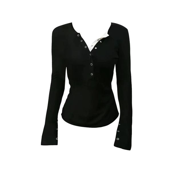 Ragazza T-shirt a maniche lunghe con scollo a V alla moda per donna Primavera 2025 Nuova maglietta nera slim fit con base interna e esterno_voghion.com