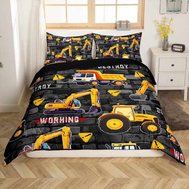 Excavator Duvet Cover Set Double Size For Kids Boys Teens Construction Vehicles Bedding Set Equipment Trucks Comforter Cover With 2 Pillowcases _voghion.com