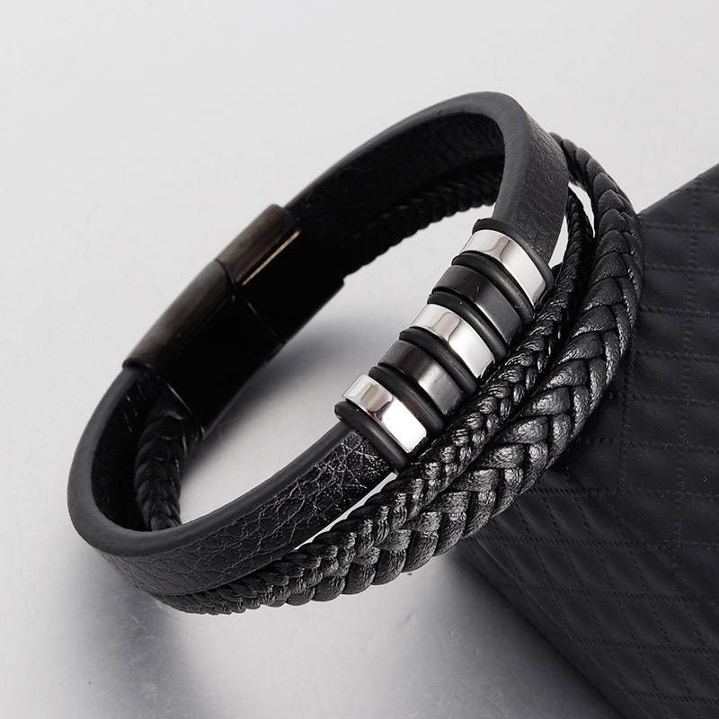 Men's Jewelry Leather Hand Woven Bracelet Genuine Leather Braided Multi Layer Men's Leather Bracelet Retro Stainless Steel Leather Rope_voghion.com
