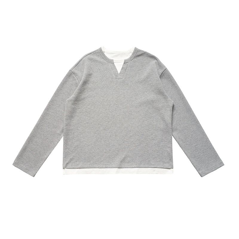 Vafelveida vienkrāsains garpiedurkņu T-krekls ar apaļu kakla izgriezumu, trikotāža vīriešiem un sievietēm_voghion.com