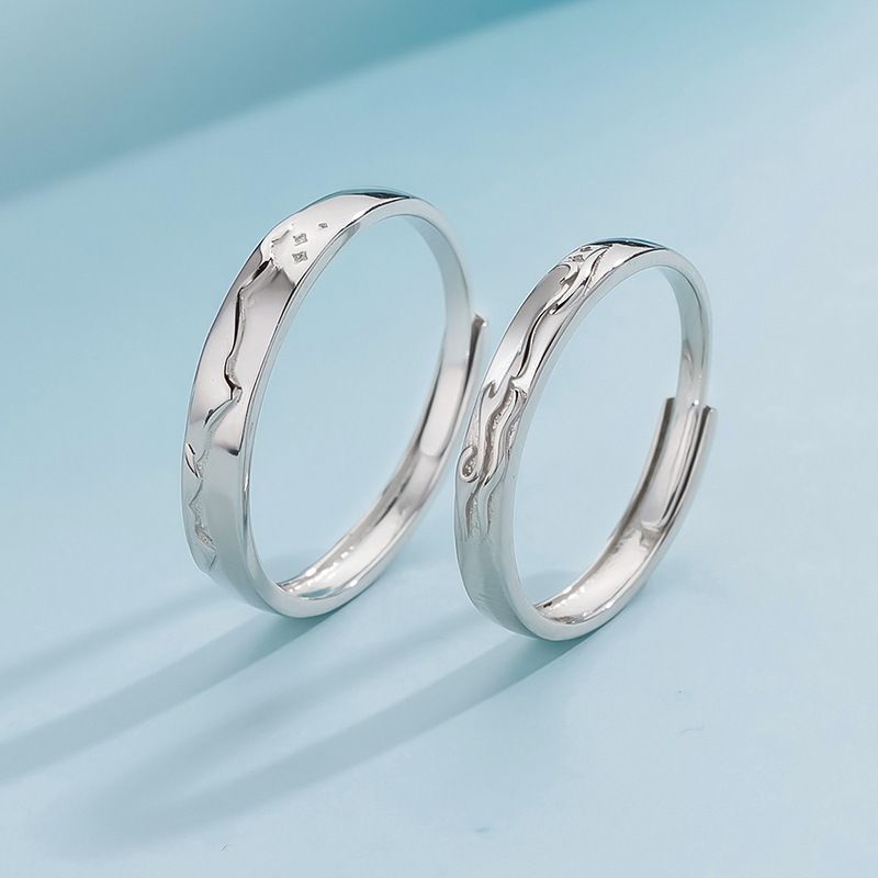 S Pure Silver Mountain Alliance Sea Vow Pair Herdenkingsringen voor Mannen en Vrouwen, Niche Ontwerp, Eenvoudige Open Koppelsringen, Cadeau_voghion.com