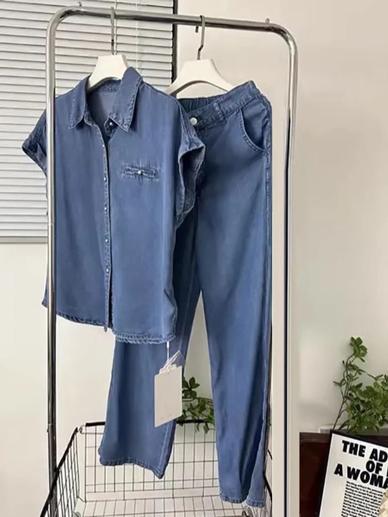 Dametøj skjorte jeans todelt jakkesæt dame sommer ny vest kortærmet lige bukser jakkesæt dame_voghion.com