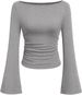 T-Shirt mit ausgestellten Ärmeln und U-Boot-Ausschnitt für Damen – Slim Fit, langärmliges Oberteil mit Rüschendetail für einen lässigen und schicken Stil_voghion.com