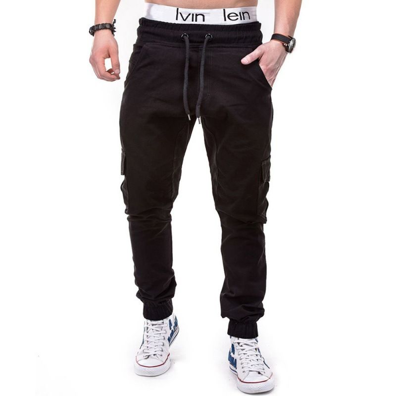 Pantaloni a corsetto casual con cintura allacciata e tasca laterale in tinta unita alla moda da uomo_voghion.com