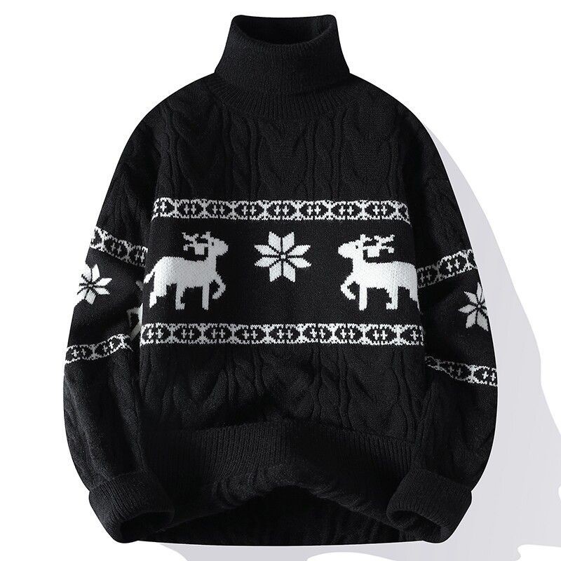 Men’s Winter Knit Sweater With Cartoon Jacquard – High Neck Pullover, Long Sleeve, Thickened Fleece-Lined (M-4XL, 5 Colors, Machine Washable)_voghion.com