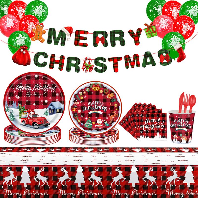 Christmas party tableware flag set Merry Christmas paper cups, plates, tissues, knives, forks, spoons, tablecloths_voghion.com