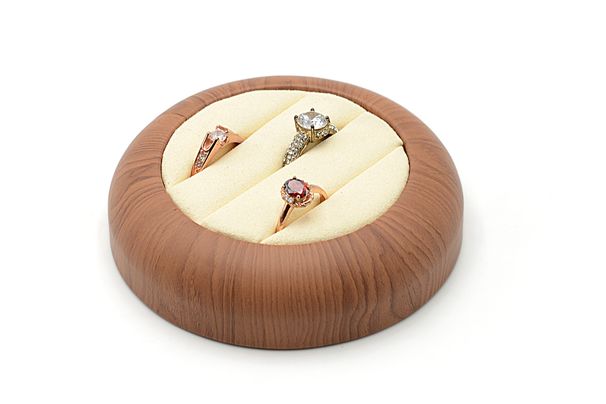 Vassoio per anelli rotondo in PU di alta qualità con venature del legno, vassoio per esposizione di gioielli, vassoio per riporre anelli e gemme, vassoio ovale per visualizzazione_voghion.com