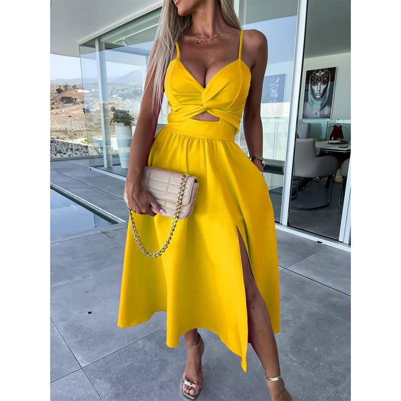 Dameskleding mode effen kleur diepe v holle grote swing rok split bretels sexy hoge taille jurk_voghion.com