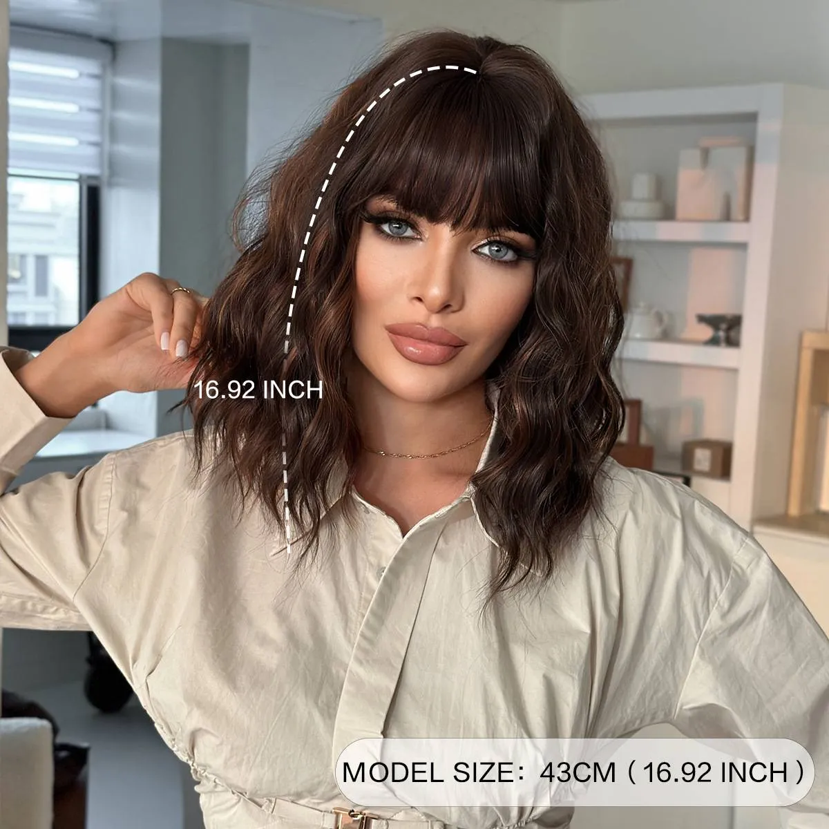 Perruque femme cheveux courts bouclés marron foncé, coiffure complète_voghion.com
