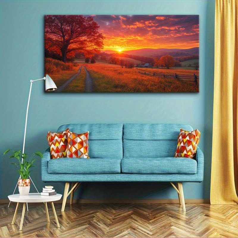 Autumn Path Wall Art Canvas Prints Painting- Vibrant Sunset Landscape With Tree-Lined Path,for Living Room, Bedroom, Or Office Decor_voghion.com