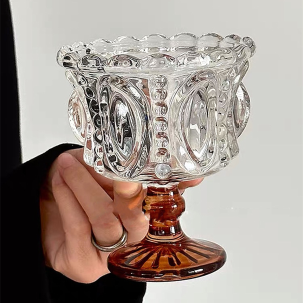Brown Retro Crystal Ice Cream Cup Ins Style High Aesthetic Relief Dessert Cup Glass High Footed Cup Ice Cream Cup_voghion.com