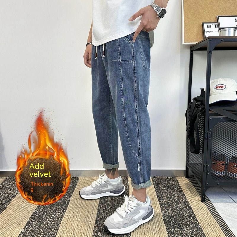 Jeans da uomo invernali Harlan in felpa spessa con coulisse ed elastico in vita, versatili pantaloni casual a carota_voghion.com