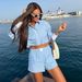 Women's clothing New Women's Striped Contrast Color Shirt Top + Elastic High Waist Shorts Two-piece Set 8BS9697_voghion.com