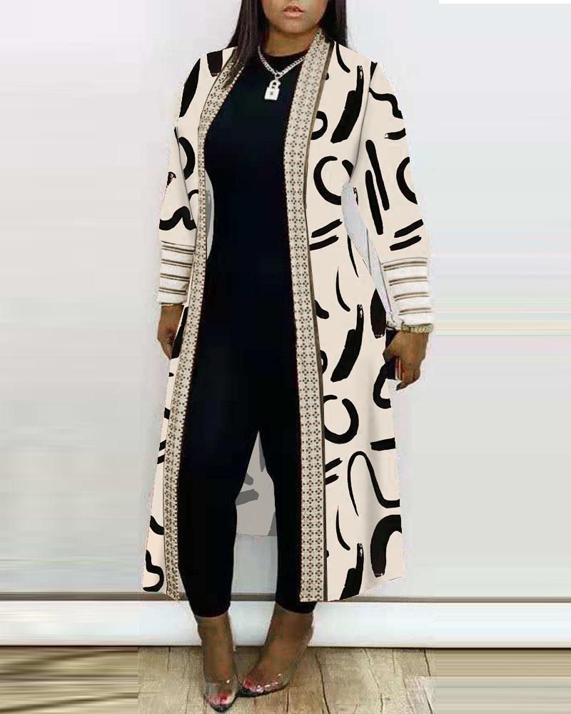 Women's Clothing black fashion style casual printing long sleeved splicing mid length cardigan jacket women's clothing_voghion.com