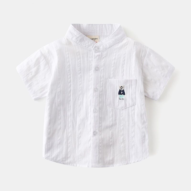 Toddler Boys Clothing Version Children's Loose Shirt Baby V Neck Solid Color Embroidery Summer Dress_voghion.com