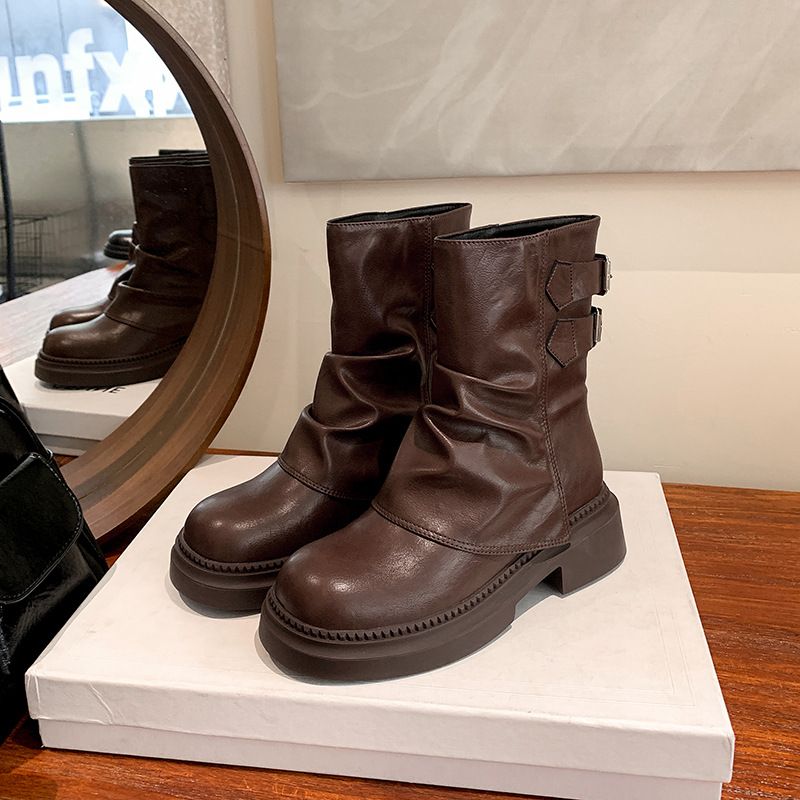 Women's Shoes Retro British Style Chunky Heel Leather Ankle Boots With Buckle Strap, Round Toe And Hidden Platform For Stylish Streetwear Look_voghion.com