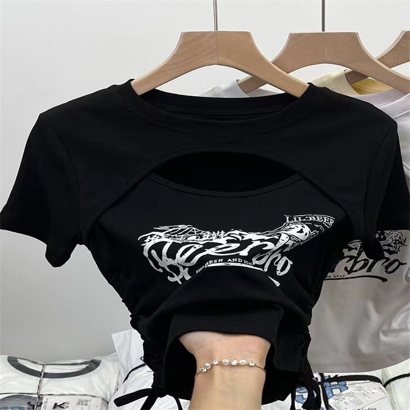Mor & børn ny sommer T-shirt Koreansk stil bogstavsnøre på begge sider kort hul kortærmet rundhalset T-shirt med bund_voghion.com