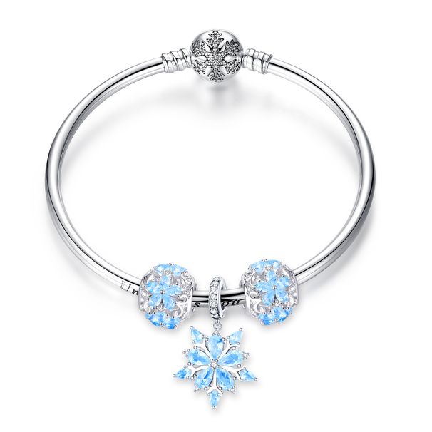 Frosted Crystal Snowflake Bangle , 925 Sterling Silver Bracelet For Women_voghion.com