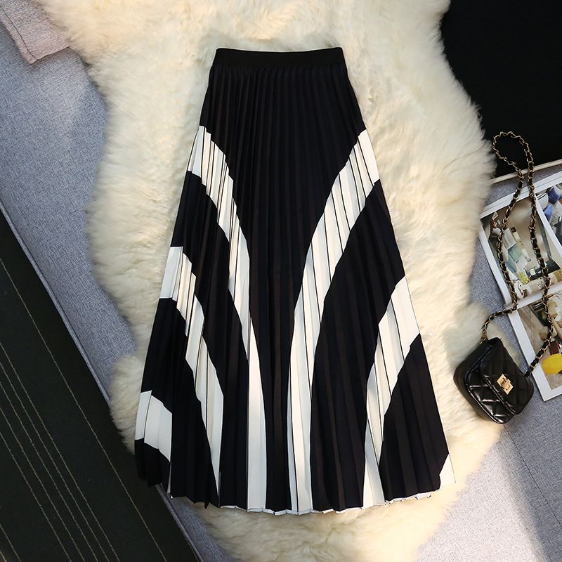 Women's Spring And Summer Accordion Pleat Retro Black And White Contrast Irregular Color Matching Big Swing Pleated Skirt_voghion.com