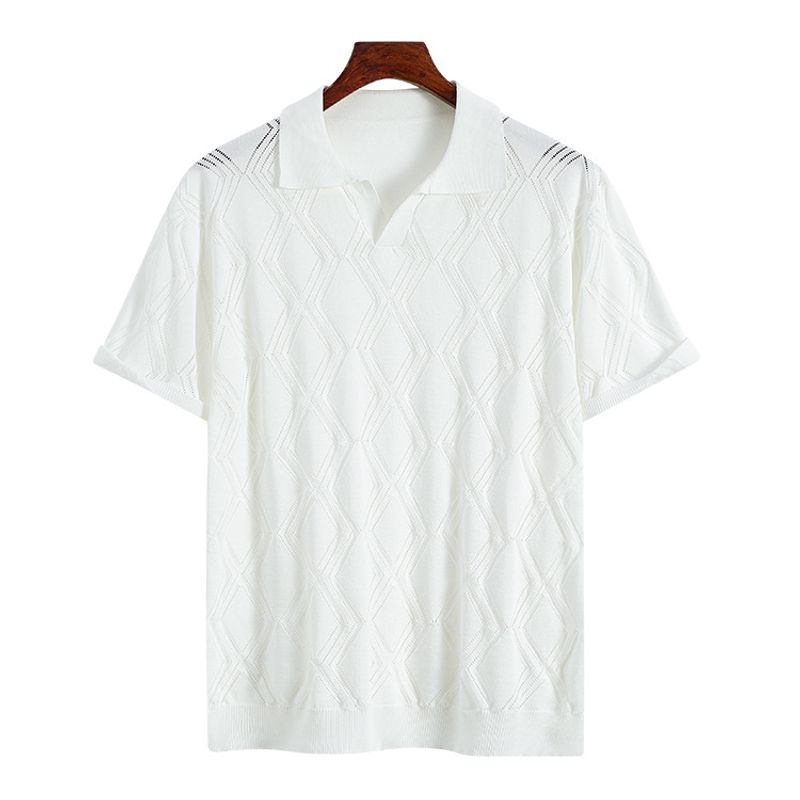 Roupas masculinas Novo estilo Cor sólida Design de grade de diamantes Gola gaivota simples Versátil Casual Estilo antigo Suéter de manga curta_voghion.com