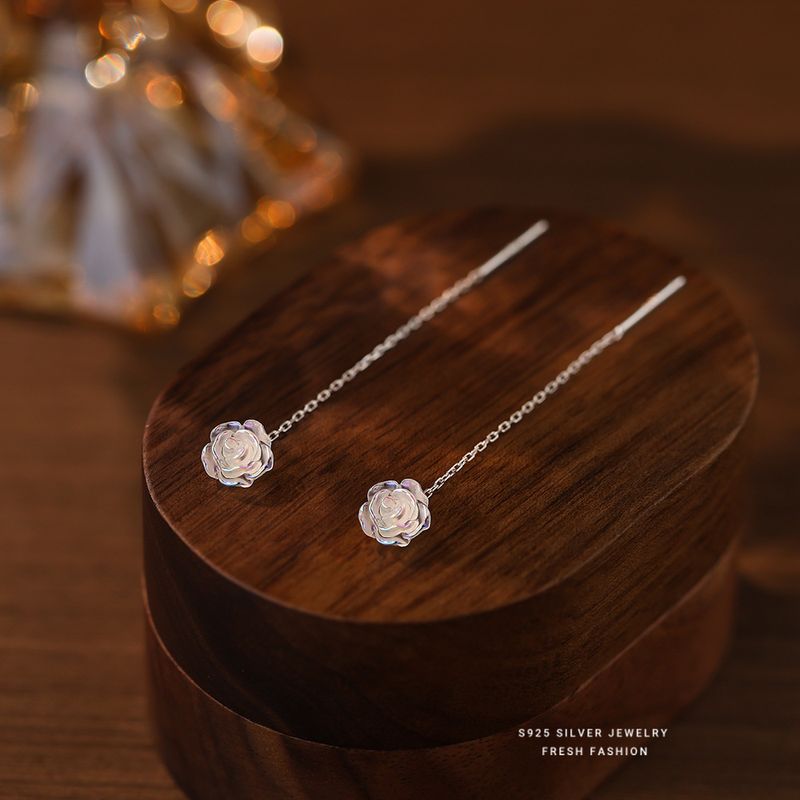 1 Pair S999 Silver Artificial Resin Rose Threader Earrings_voghion.com
