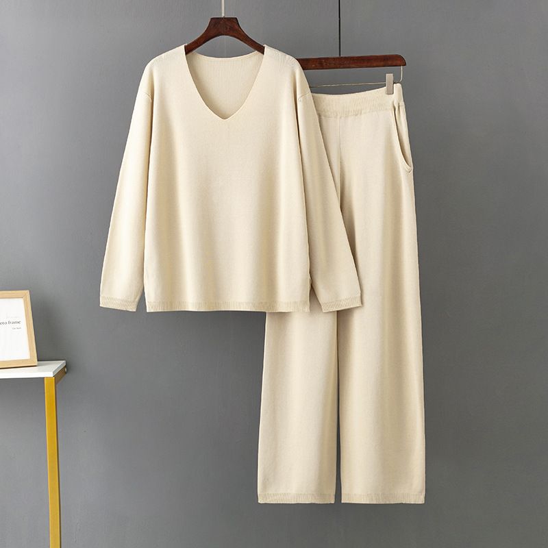 Ensemble deux pièces en soie glacée pour femmes, couleur unie, col en v, mode, ample, taille haute, pull décontracté_voghion.com