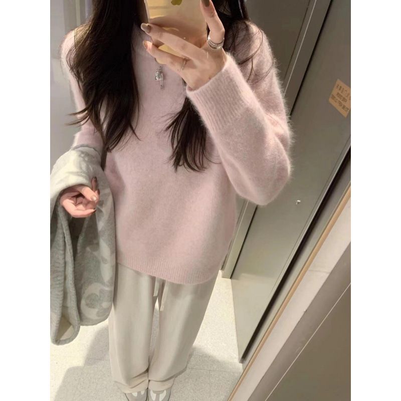 Dieser rosa weiche und sanfte Rundhalspullover ist ein dicker, lockerer und entspannter Strickpullover für Frauen_voghion.com