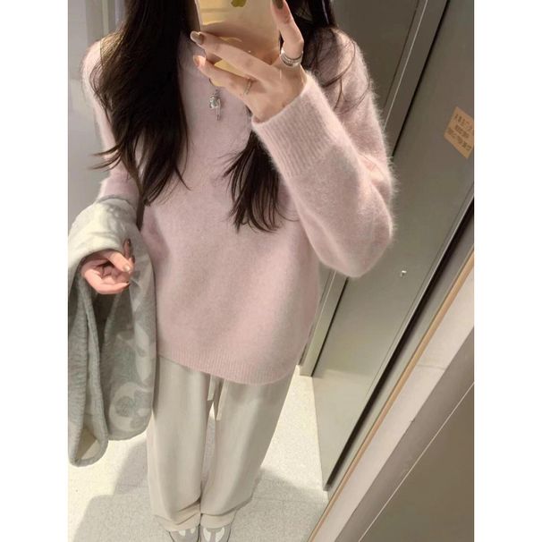 Dieser rosa weiche und sanfte Rundhalspullover ist ein dicker, lockerer und entspannter Strickpullover für Frauen_voghion.com