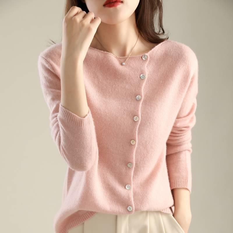 Camisa anticolisão ~ Cardigan de manga comprida com abotoamento simples para mulheres, outono de 2024, gola redonda baixa, agasalho de malha fina_voghion.com