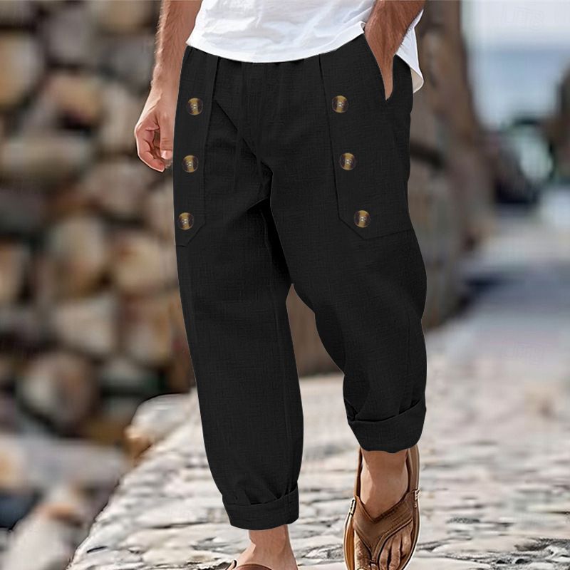 Men's Clothing Casual Beach Men's Casual Multi button Cotton and Linen Loose Trousers Men_voghion.com