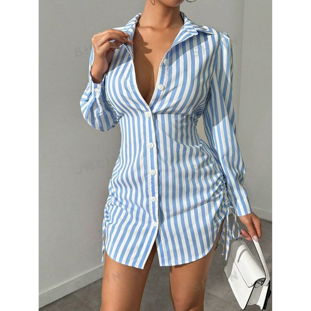 Camicia a maniche lunghe con coulisse laterale a righe da donna – Blusa casual primaverile-estiva con maniche a sbuffo e fiocco, top in poliestere slim fit_voghion.com