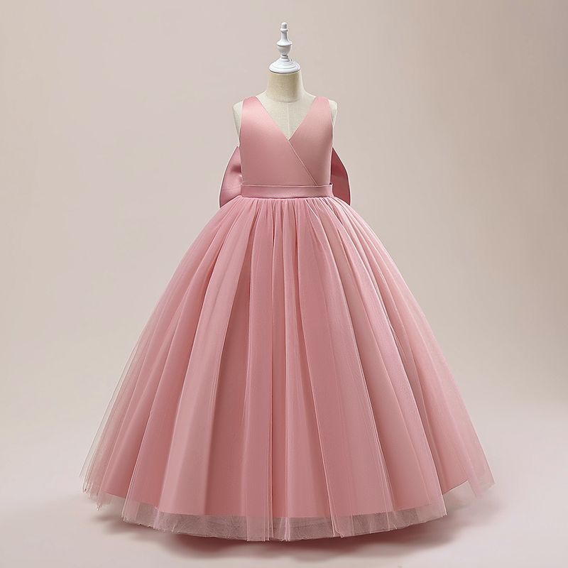 Children's Wedding Girl's Mesh V-neck Fluffy Princess Bow Piano Performance Evening Dress_voghion.com