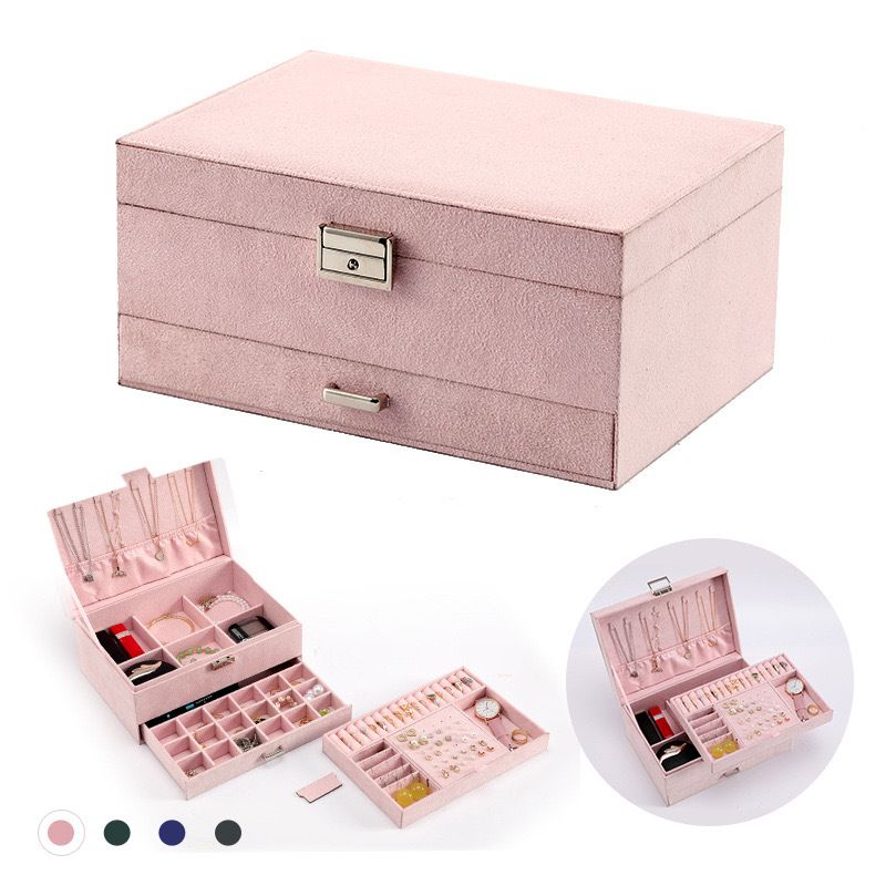 Sieraden organizer box, sieradendoos met 3 lagen, sieraden display case en organizer, afsluitbare sieradendoos, verschillende compartimenten voor kettingen, armbanden, ringen_voghion.com