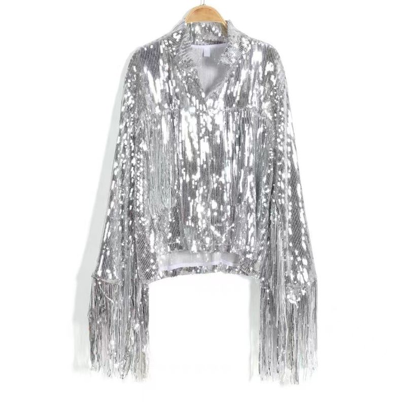 Women's Clothing Sequined Tassel Cardigan Top Jacket Party Annual Meeting Performance Dress_voghion.com