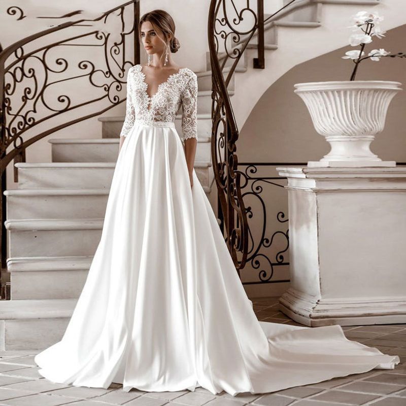 sexy V-Ausschnitt Spitzenhochzeitskleid schlankes langes Hochzeitskleid_voghion.com