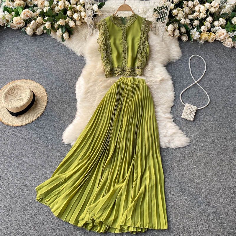Jupe en mousseline de soie pressée taille haute pour femmes, ensemble deux pièces_voghion.com
