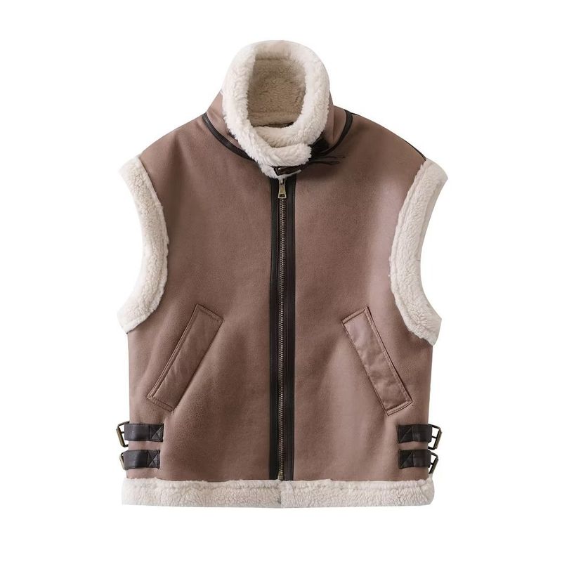 Women's clothing women's fashionable camel motorcycle fur vest_voghion.com