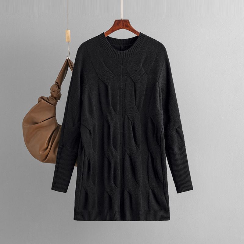 Maglione da donna a fiori intrecciati, casual e sciolto, con collo rotondo e camicia a base lunga_voghion.com