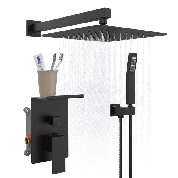 Rainfall Shower System With Storage Rack 10 Inch Shower Faucet Set Brushed Nickel With High Pressure With Square Shower Head Luxury Shower Set Wall Mount_voghion.com