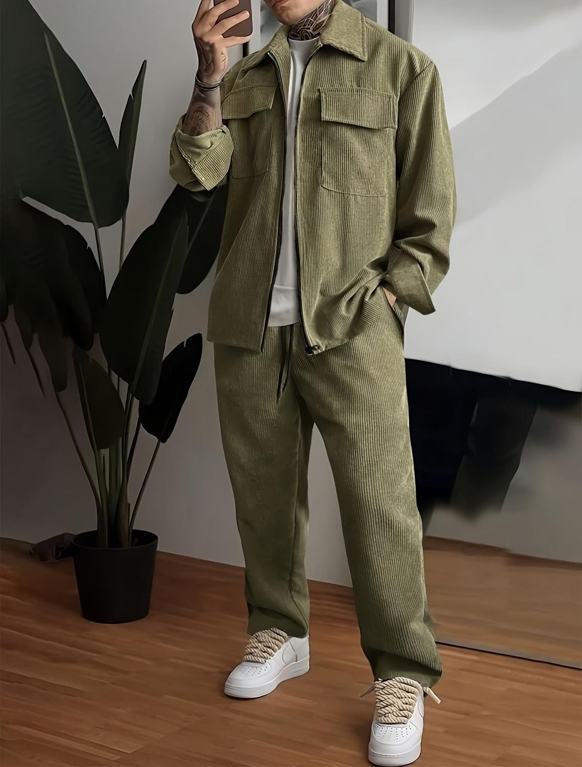 Herrenbekleidung Herren Langarm Revers Hemd Hose Freizeitanzug_voghion.com