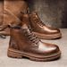 Men's Classic Retro Work Boots - Mid-Calf Round Toe PU Leather Motorcycle Boots With Anti-Slip Thick Sole (Black/Brown)_voghion.com