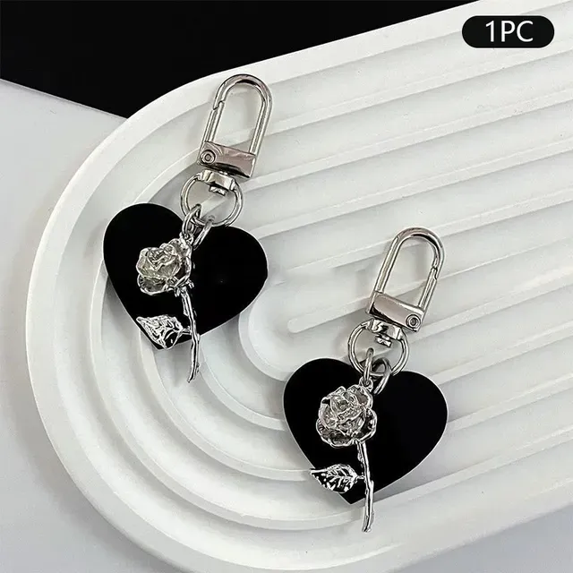 French Bowknot Keychain Black Love Rose Phone Chain Headphone Case Pendant Camera Charms Bag Decor Car Keyring_voghion.com