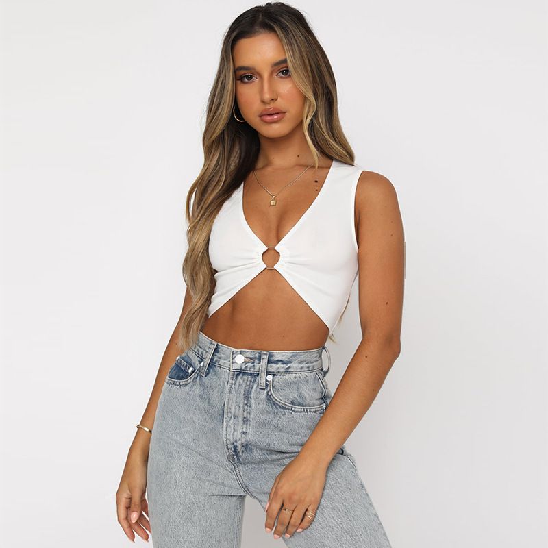 Yaz Yeni Kadın Modası INS Seksi Kolsuz Düz Renk Sıkı V Yakalı Tank Top_voghion.com