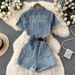 Womens Temperament Fashion High Waist Wide Leg Shorts Workwear One-piece Denim Suit_voghion.com