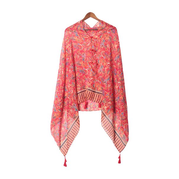 Scialle estivo bohémien - Sciarpa in cotone e lino fatta a mano con chiusure a rana vintage, protezione solare e coprispalle multiuso per viaggi e spiaggia._voghion.com